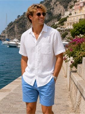 Vineyard Vines White Linen Shirt with Navy Label